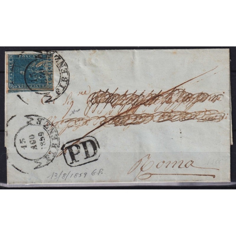 TOSCANA 1857 6 CRAZIE AZZURRO CHIARO N.15 US. SU BUSTA IN GOVERNO P...