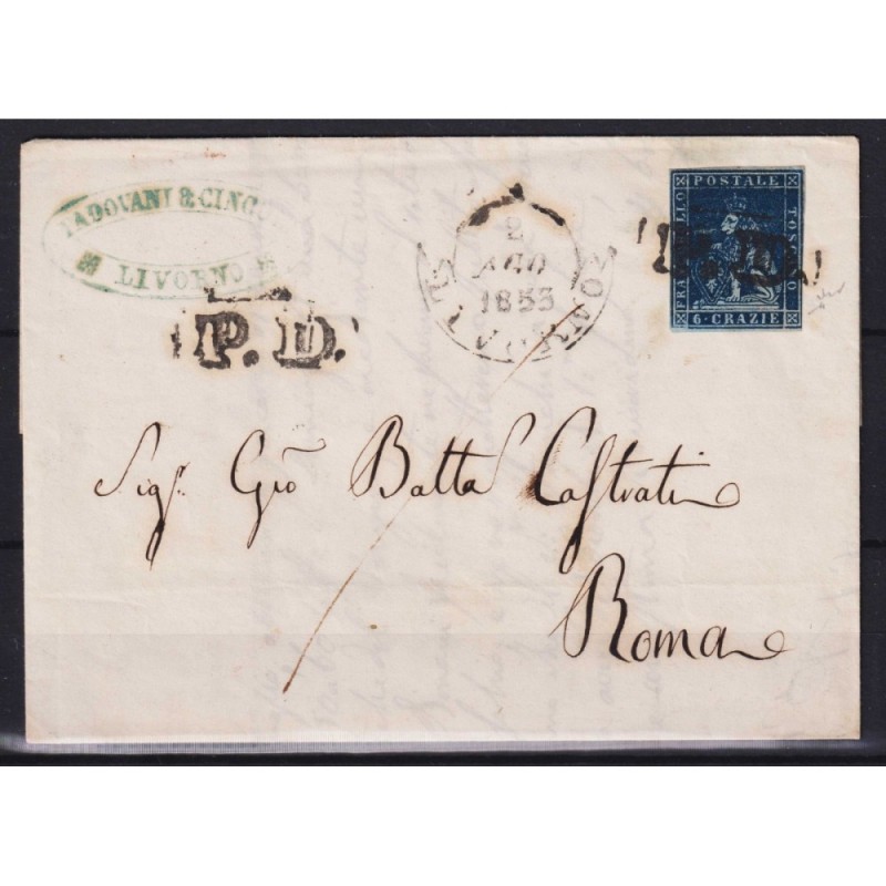 TOSCANA 1851 6 CRAZIE INDACO SU AZZURRO N.7a SU BUSTA FIRMATA CERT....