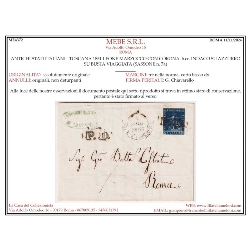 TOSCANA 1851 6 CRAZIE INDACO SU AZZURRO N.7a SU BUSTA FIRMATA CERT....