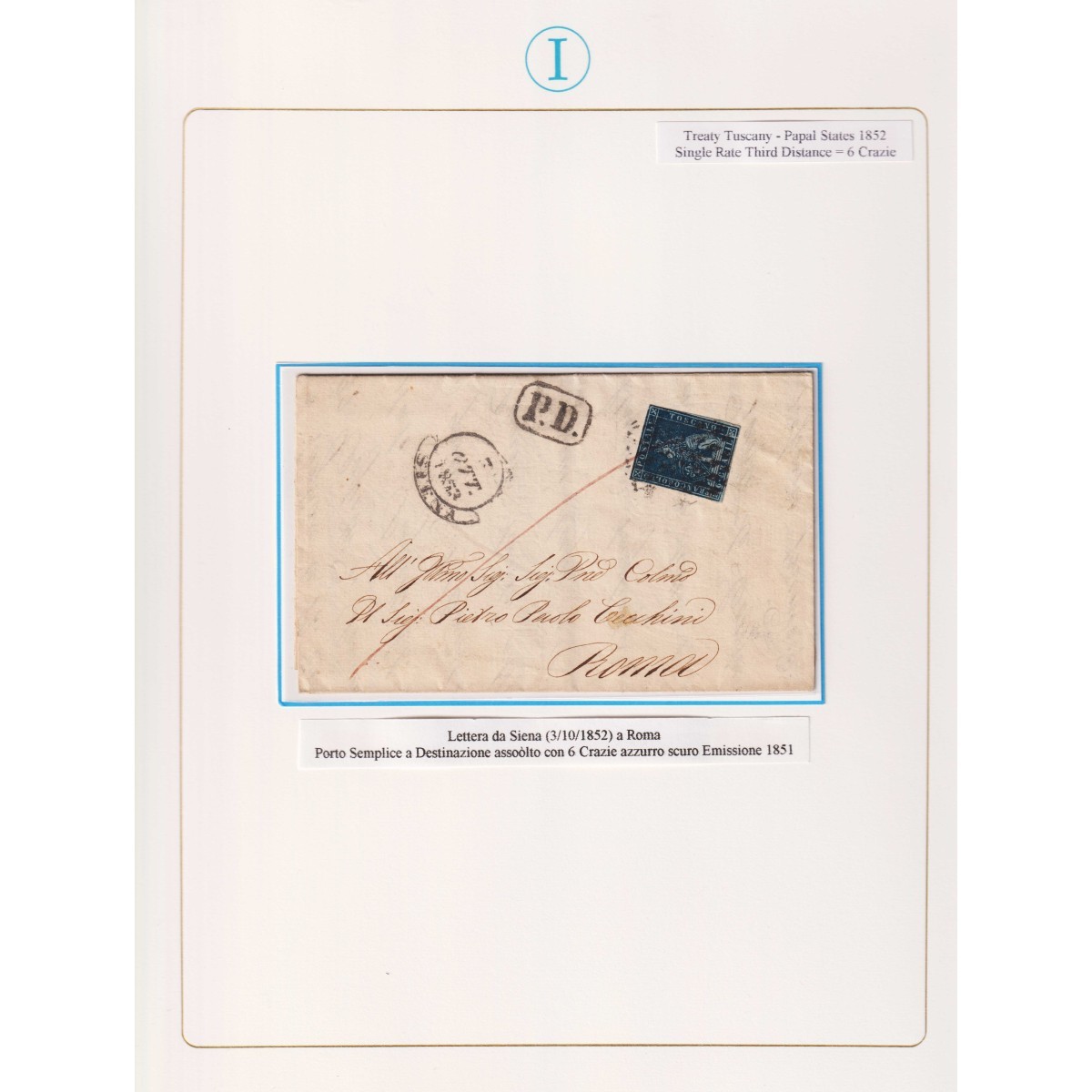 TOSCANA 1851 6 CRAZIE AZZURRO SCURO N.7c SU BUSTA FIRMATA  | Filate... TOSCANA 1851 6 CRAZIE AZZURRO SCURO N.7c SU BUSTA FIRMATA  | Filate...