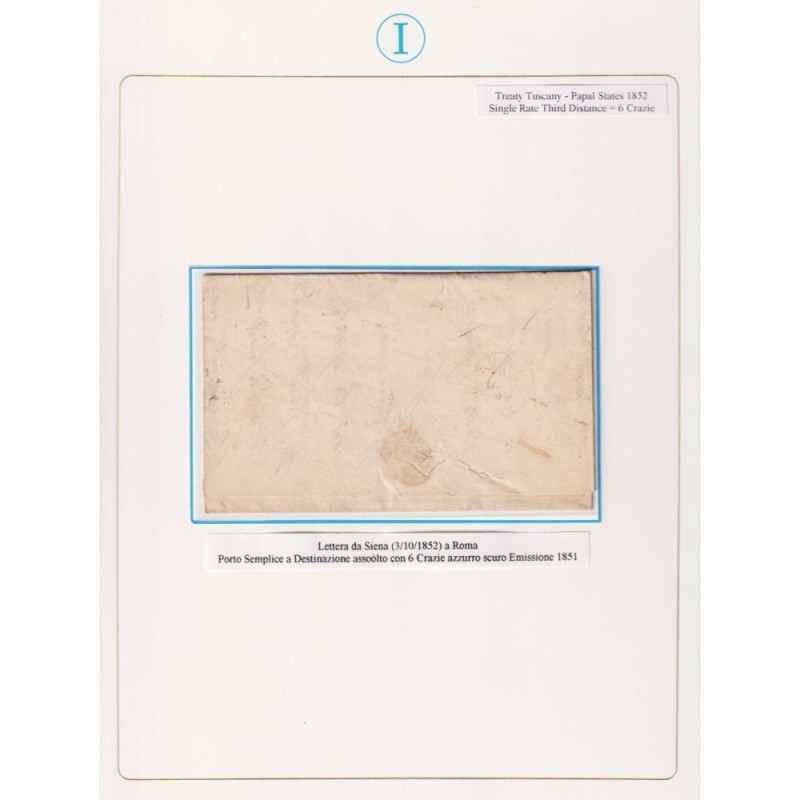 TOSCANA 1851 6 CRAZIE AZZURRO SCURO N.7c SU BUSTA FIRMATA  | Filate...