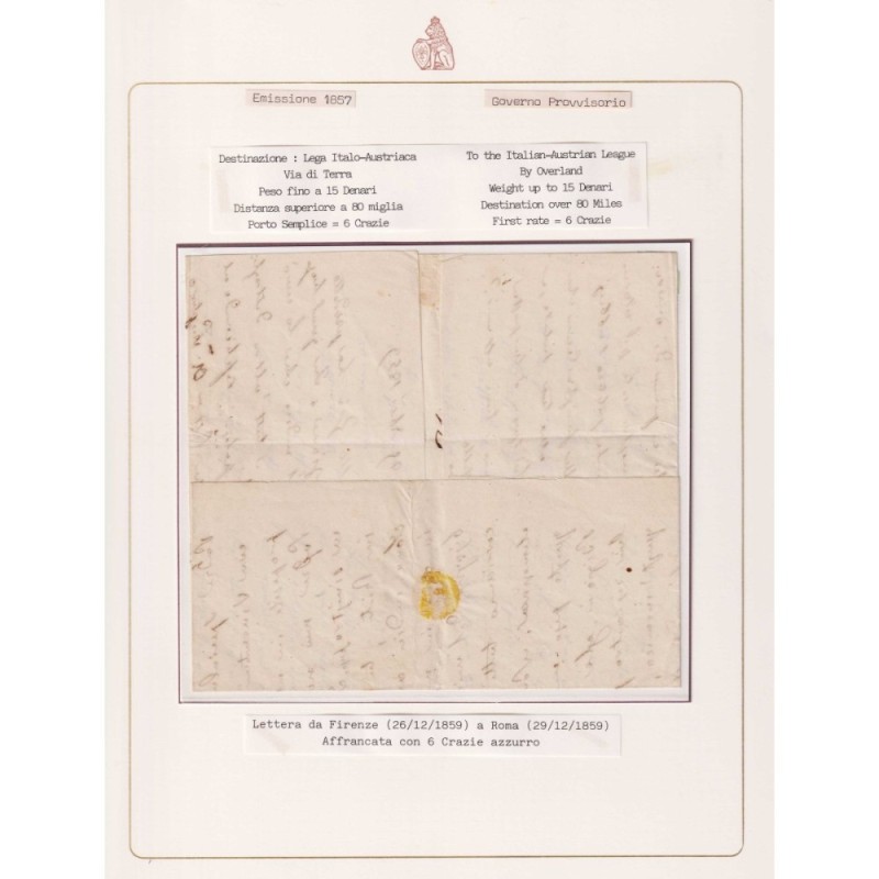 TOSCANA 1857 6 CRAZIE AZZURRO CHIARO N.15 SU BUSTA FIRMATA  | Filat...