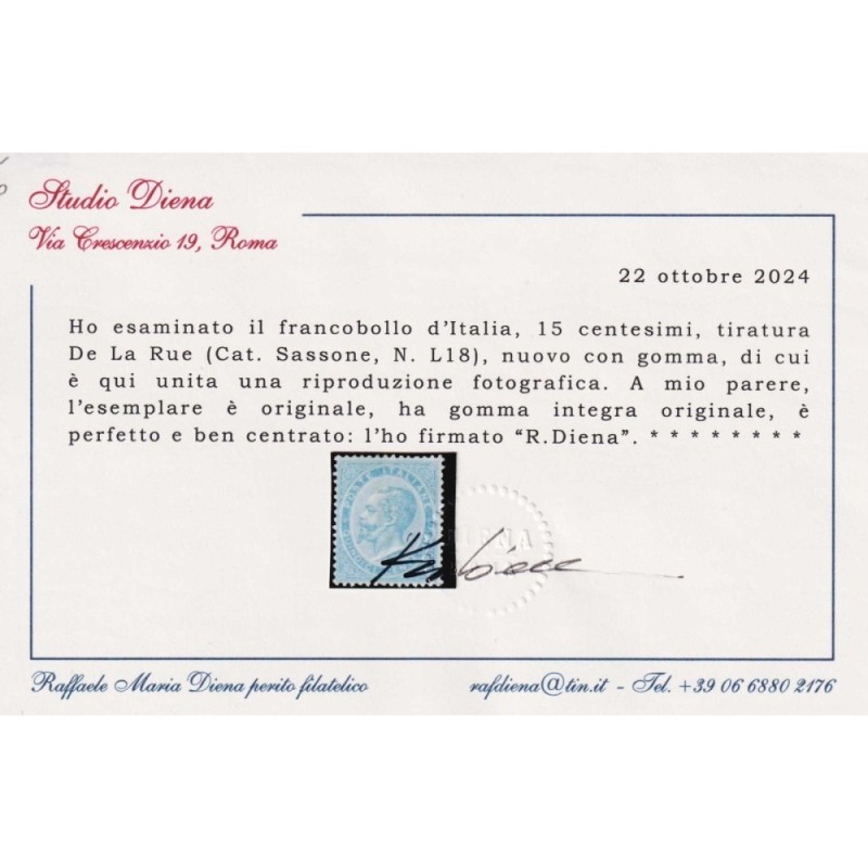 REGNO 1863-65 15 CENTESIMI DE LA RUE LONDRA N.L15 G.I MNH** CERT. C...