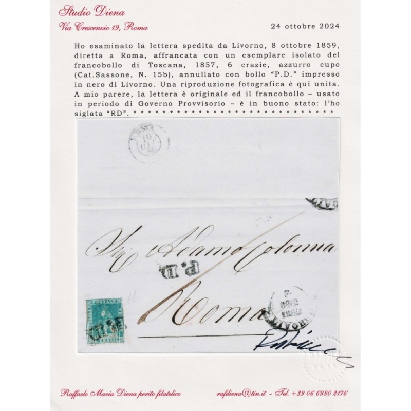 TOSCANA 1857 6 CRAZIE AZZURRO CUPO N.15b US. SU BUSTA IN GOVERNO PR...