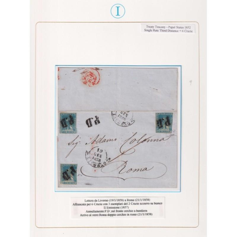 TOSCANA 1857 2 CRAZIE AZZURRO N.13 3 VALORI US. SU BUSTA CERT.  | F...
