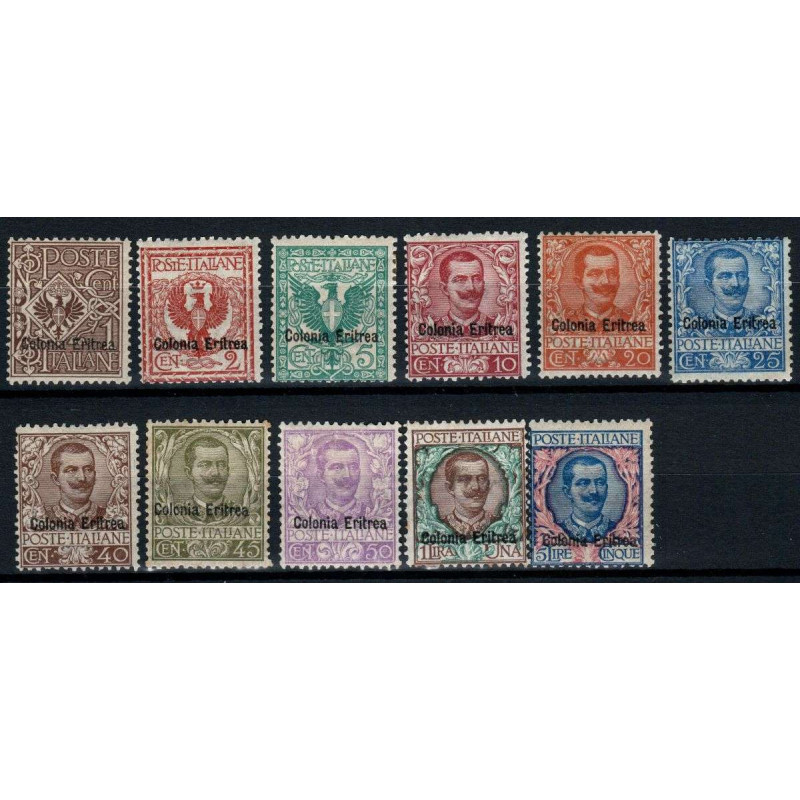 COLONIE ERITREA 1903 FLOREALE SOPRASTAMPATA 11 VALORI G.O MH*  | Fi...