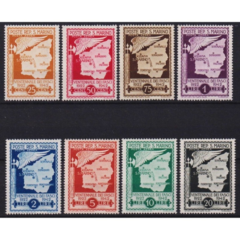 SAN MARINO 1943 P/A VENTENNALE DEI FASCI NON EMESSI 8 V. G.I MNH** ...