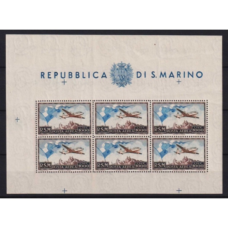 SAN MARINO 1951 FOGLIETTO VEDUTA BANDIERA 1000 LIRE N.13 G.I MNH** ...
