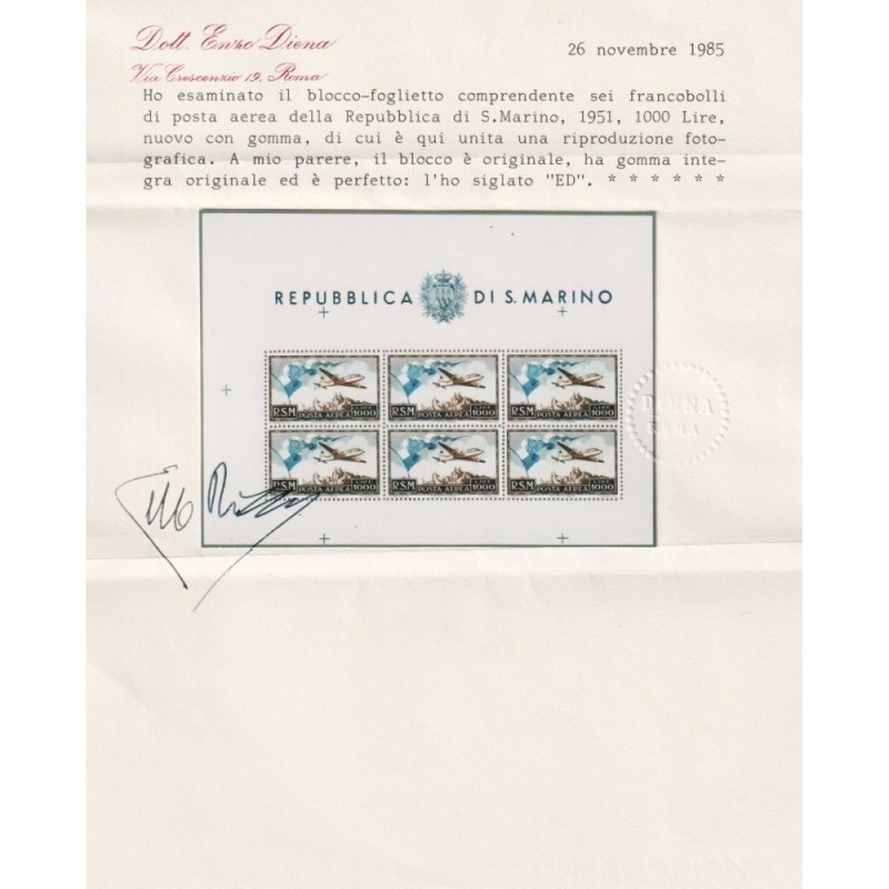 SAN MARINO 1951 FOGLIETTO VEDUTA BANDIERA 1000 LIRE N.13 G.I MNH** ...