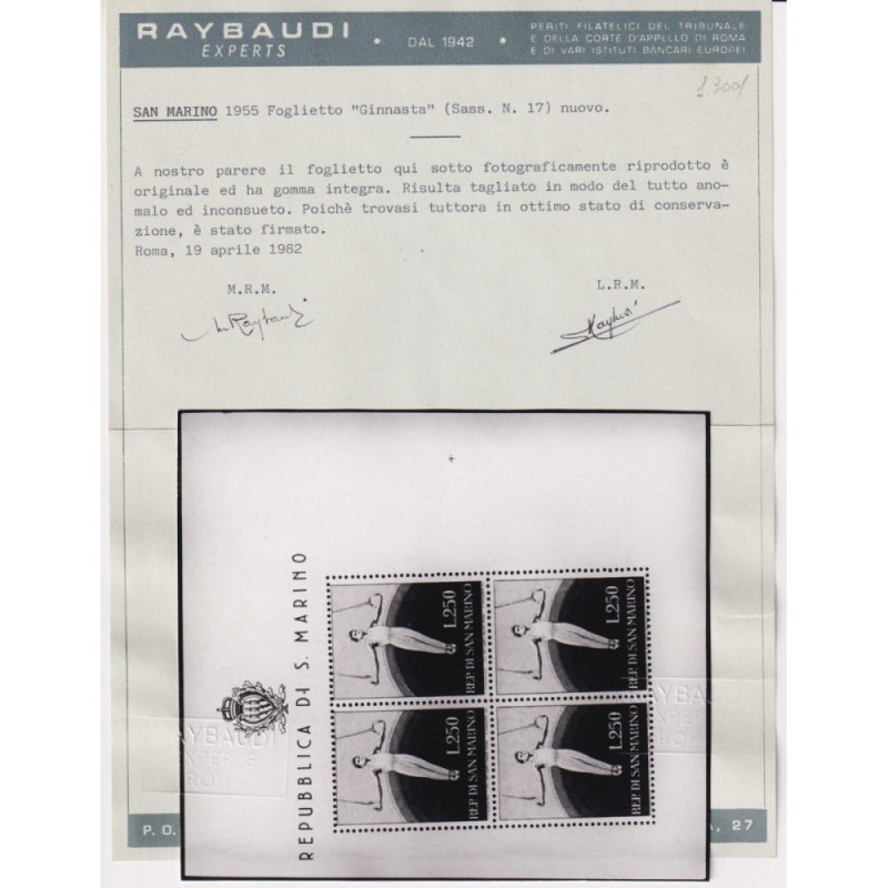 SAN MARINO 1955 FOGLIETTO GINNASTA N.17 G.I MNH** CERT.  | Filateli...