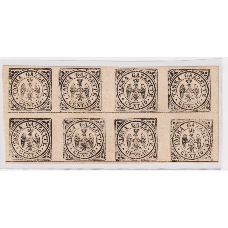 MODENA 1859 SEGNATASSE TASSA GAZZETTE BLOCCO 8 V. G.O / G.I 3 CERT....