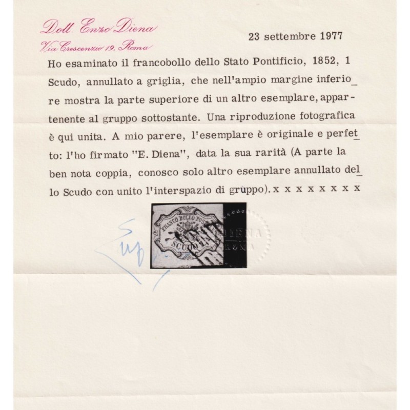 STATO PONTIFICIO 1852 1 SCUDO INTERSPAZIO DI GRUPPO N.11 US. CERT. ...