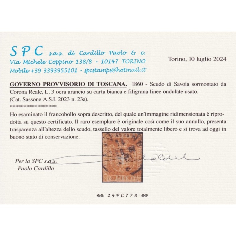 TOSCANA 1860 3 LIRE OCRA ARANCIO N.23a US. CERTIFICATO  | Filatelia...