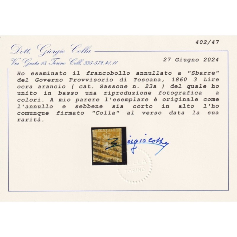 TOSCANA 1860 3 LIRE OCRA ARANCIO N.23a US. CERTIFICATO  | Filatelia...