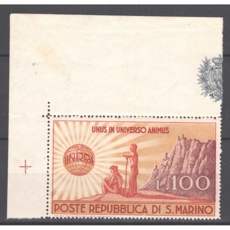 SAN MARINO 1946 UNRRA 100 LIRE N.296 G.I MNH** ANGOLO FOGLIO  | Fil...