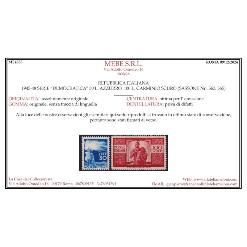 REPUBBLICA 1945-48 DEMOCRATICA 23 VALORI G.I MNH** CERT.  | Filatel...