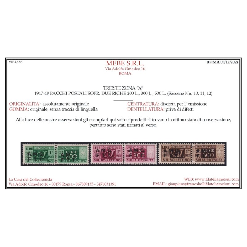 TRIESTA ZONA A 1947-48 PACCHI POSTALI 12 VALORI G.I MNH** CERT.  | ...