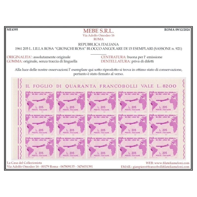 REPUBBLICA 1961 GRONCHI ROSA BLOCCO DI 15 V. G.I MNH** CERT. + COMP...