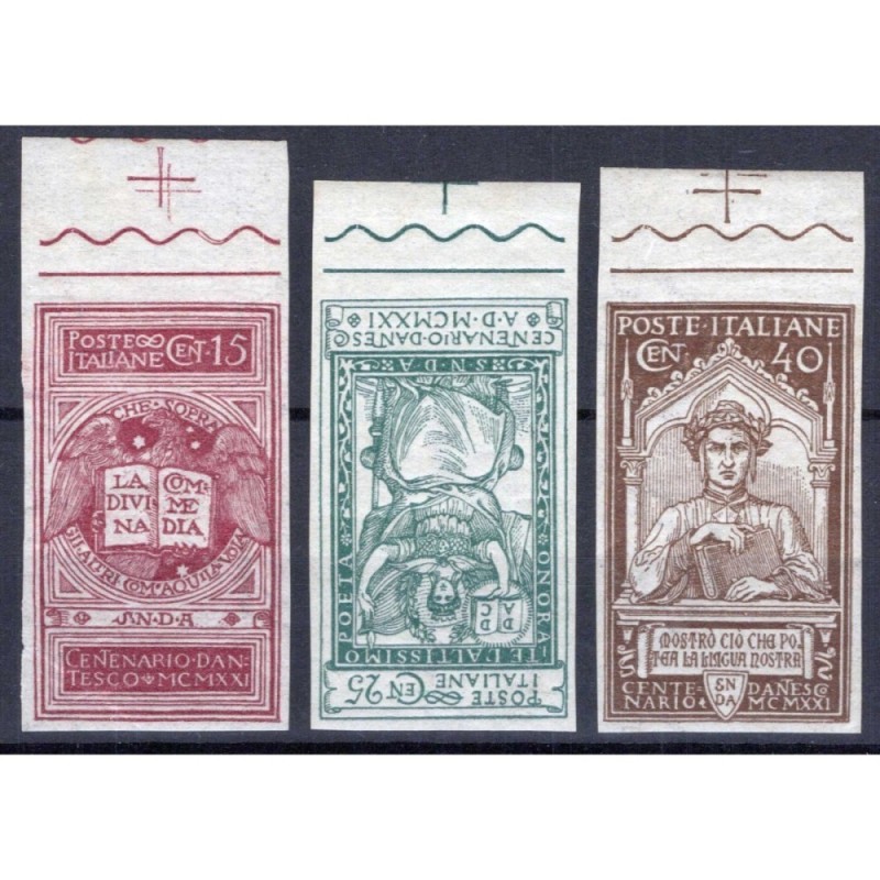 REGNO D'ITALIA 1921 DANTE ALIGHIERI 3 V. NON DENTELLATI G.O MH*  | ...