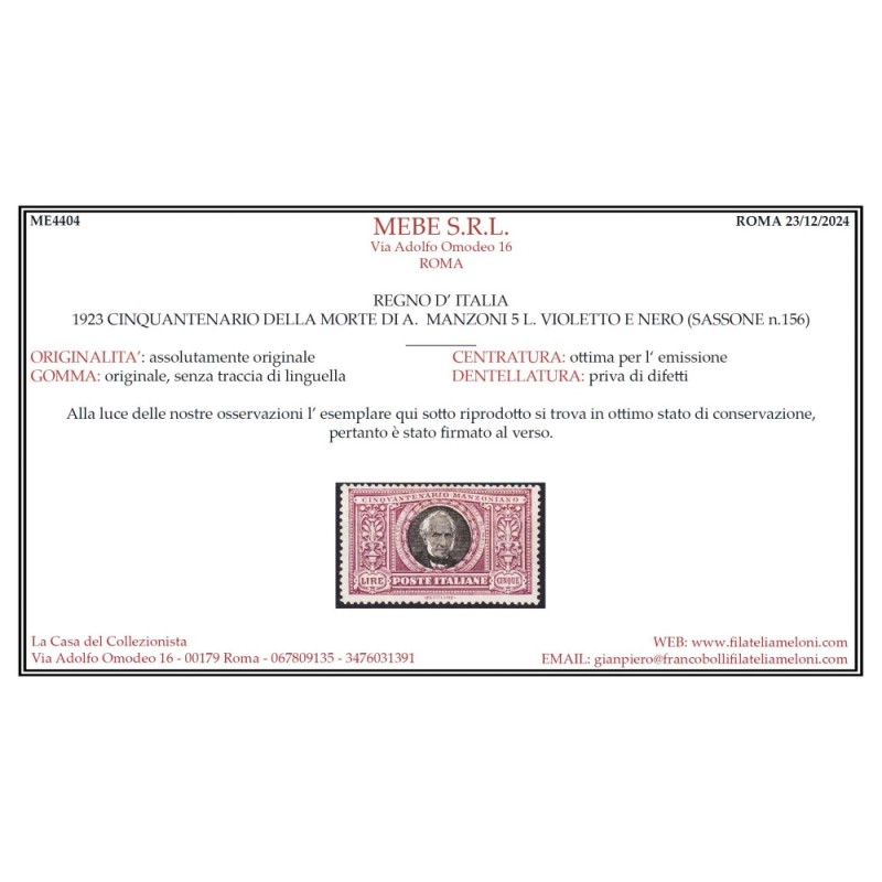 REGNO D'ITALIA 1923 MANZONI 6 VALORI G.I MNH** CERT. CENTRATA  | Fi...