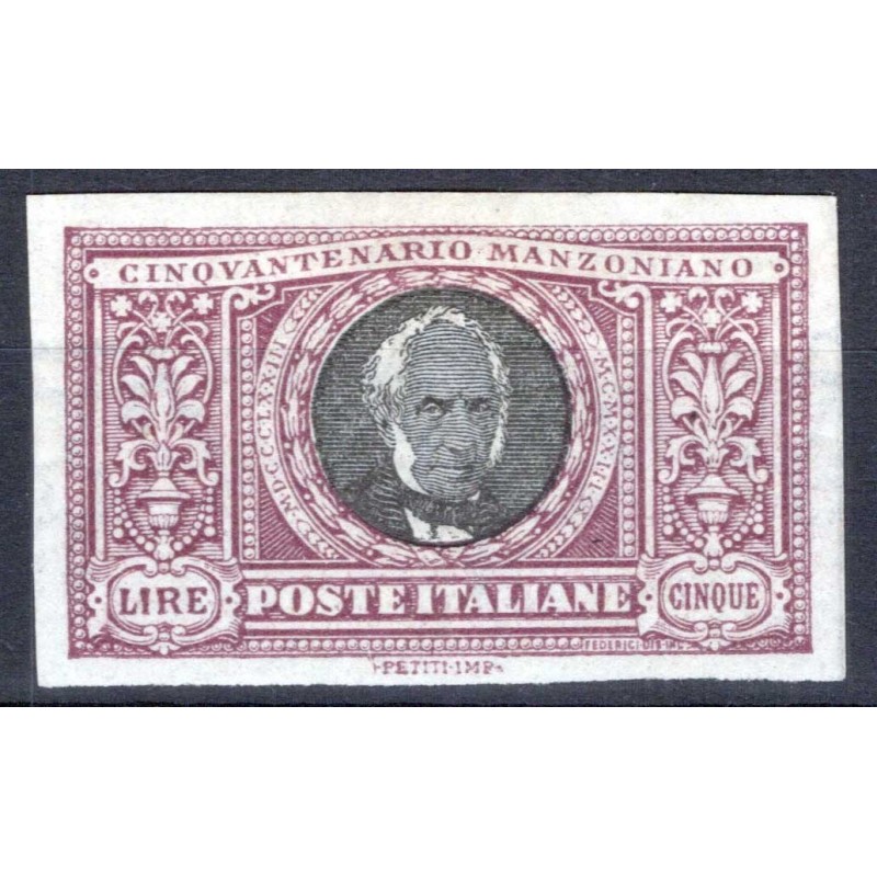 REGNO D'ITALIA 1923 MANZONI 5 LIRE NON DENTELLATO N.156d G.O MH* CE...