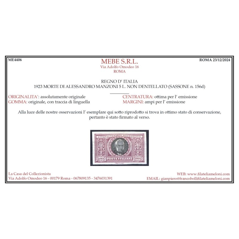 REGNO D'ITALIA 1923 MANZONI 5 LIRE NON DENTELLATO N.156d G.O MH* CE...
