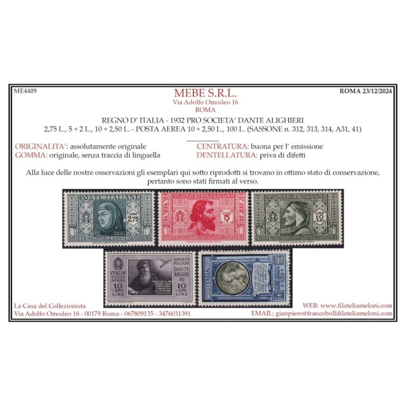 REGNO D'ITALIA 1932 DANTE ALIGHIERI 19 VALORI COMPRESA PA G.I MNH**...