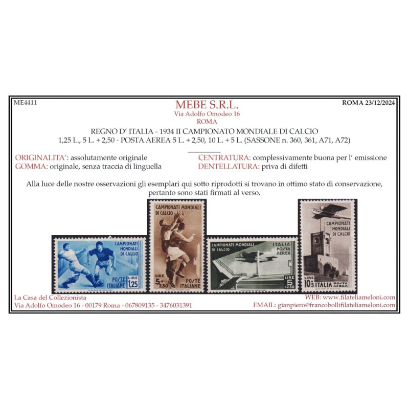 REGNO D'ITALIA 1934 CAMPIONATO MONDIALE DI CALCIO 9 VALORI G.I MNH*...
