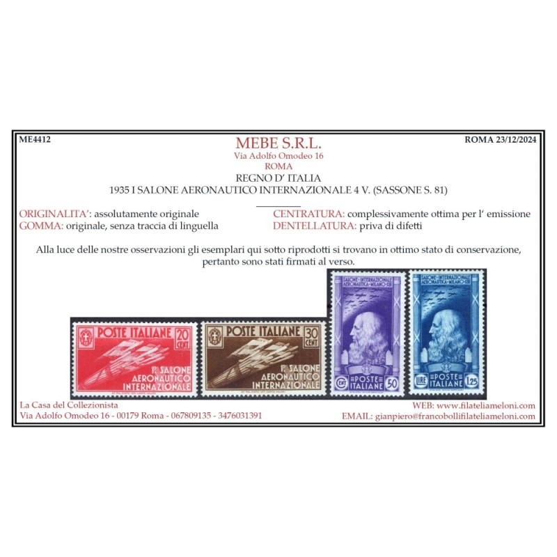 REGNO D'ITALIA 1935 SALONE AEREONAUTICO 4 V. G.I MNH** CERT.  | Fil...