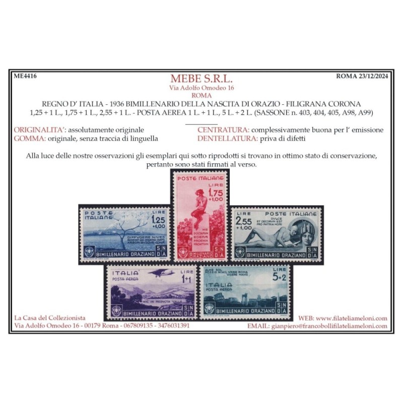 REGNO D'ITALIA 1936 BIMILLENARIO ORAZIO 13 V. G.I MNH** CERT.  | Fi...