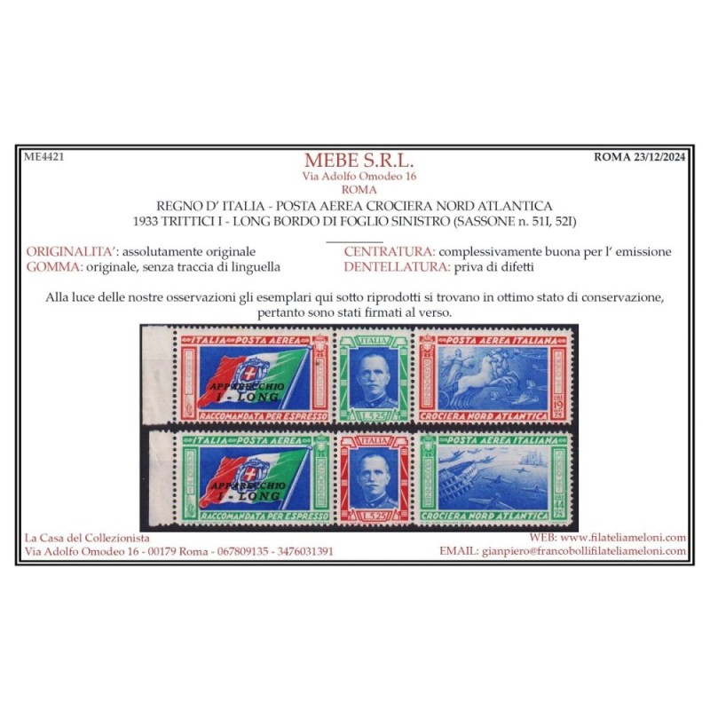 REGNO 1933 TRITTICI CROCIERA NORD ATLANTICA I – LONG 2 V. G.I MNH**...
