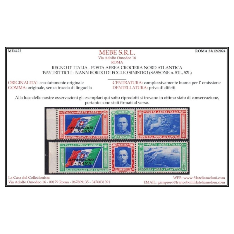 REGNO 1933 TRITTICI CROCIERA NORD ATLANTICA I – NANN 2 V. G.I MNH**...