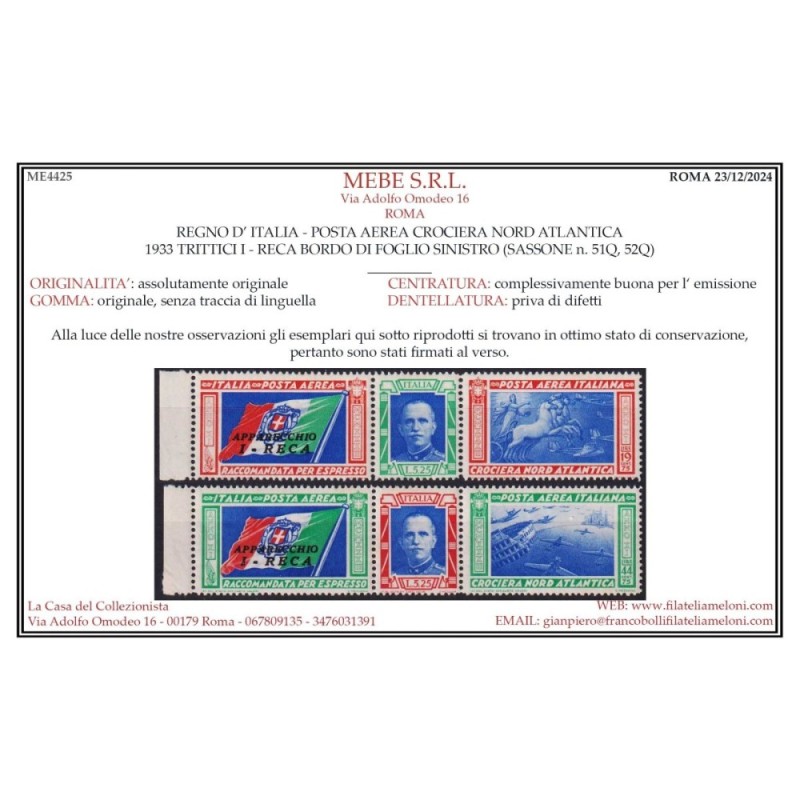 REGNO 1933 TRITTICI CROCIERA NORD ATLANTICA I – RECA 2 V. G.I MNH**...