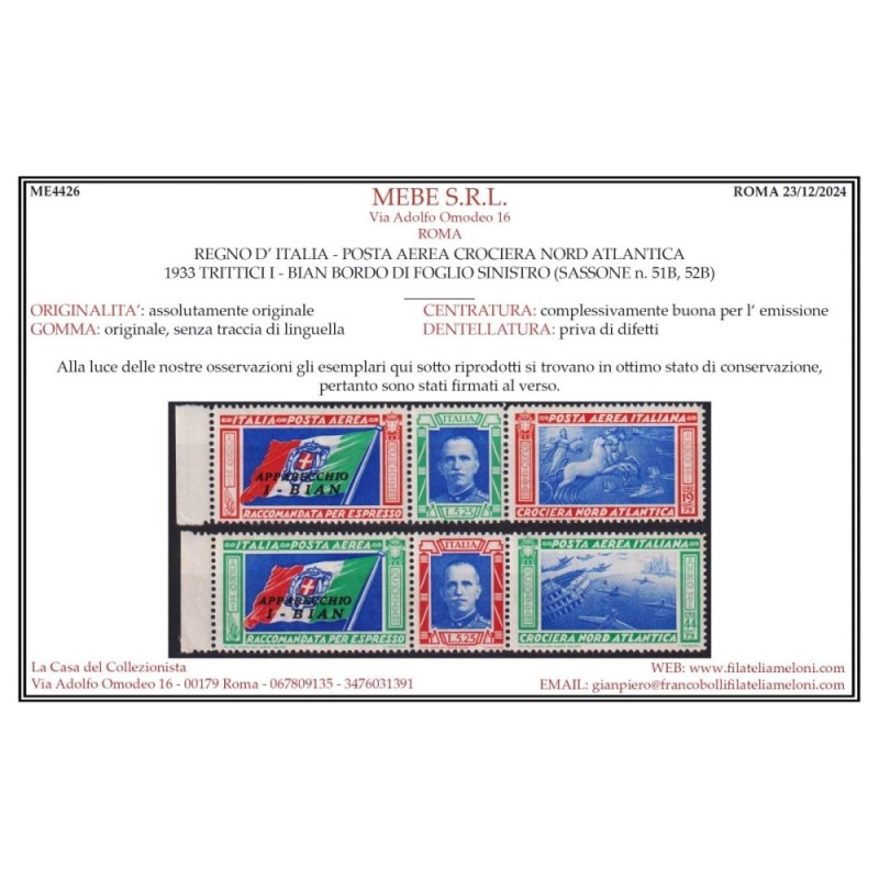 REGNO 1933 TRITTICI CROCIERA NORD ATLANTICA I – BIAN 2 V. G.I MNH**...
