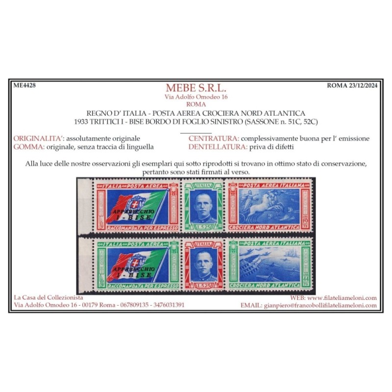 REGNO 1933 TRITTICI CROCIERA NORD ATLANTICA I – BISE 2 V. G.I MNH**...