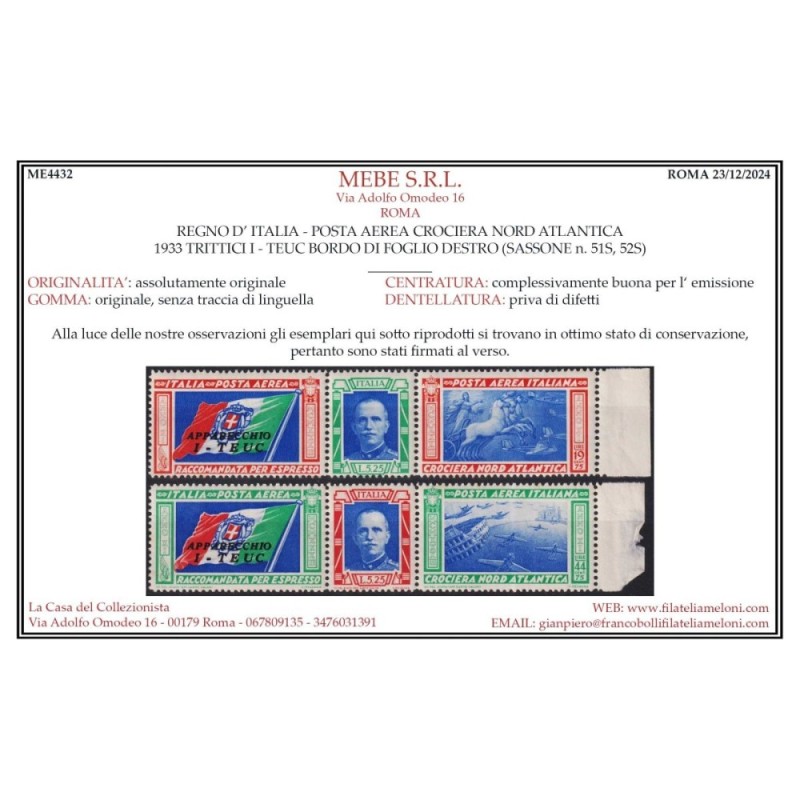 REGNO 1933 TRITTICI CROCIERA NORD ATLANTICA I – TEUC 2 V. G.I MNH**...