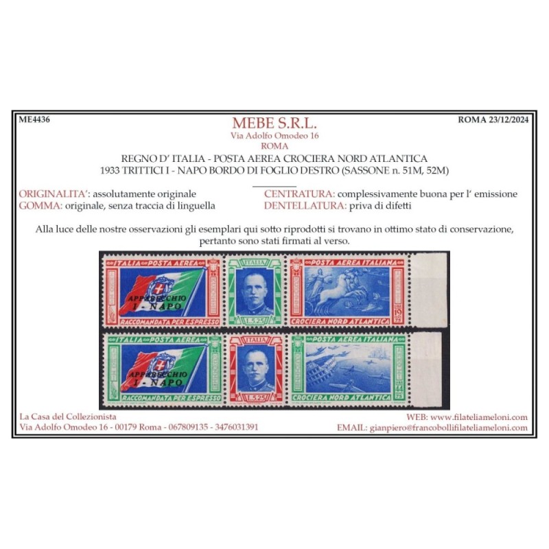 REGNO 1933 TRITTICI CROCIERA NORD ATLANTICA I – NAPO 2 V. G.I MNH**...