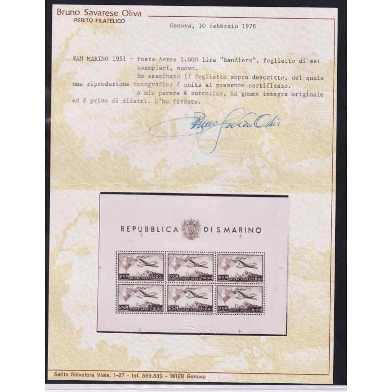 SAN MARINO 1951 FOGLIETTO BANDIERA N.13 G.I MNH** 2 CERTIFICATI  | ...