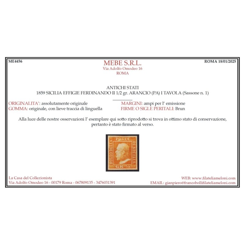 SICILIA 1859 ½ MEZZO GRANO ARANCIO I TAV. PALERMO N.1 G.O MLH* CERT...