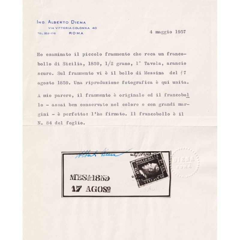 SICILIA 1859 ½ MEZZO GRANO ARANCIO SCURO I TAV. NA N.1e US. CERT.  ...