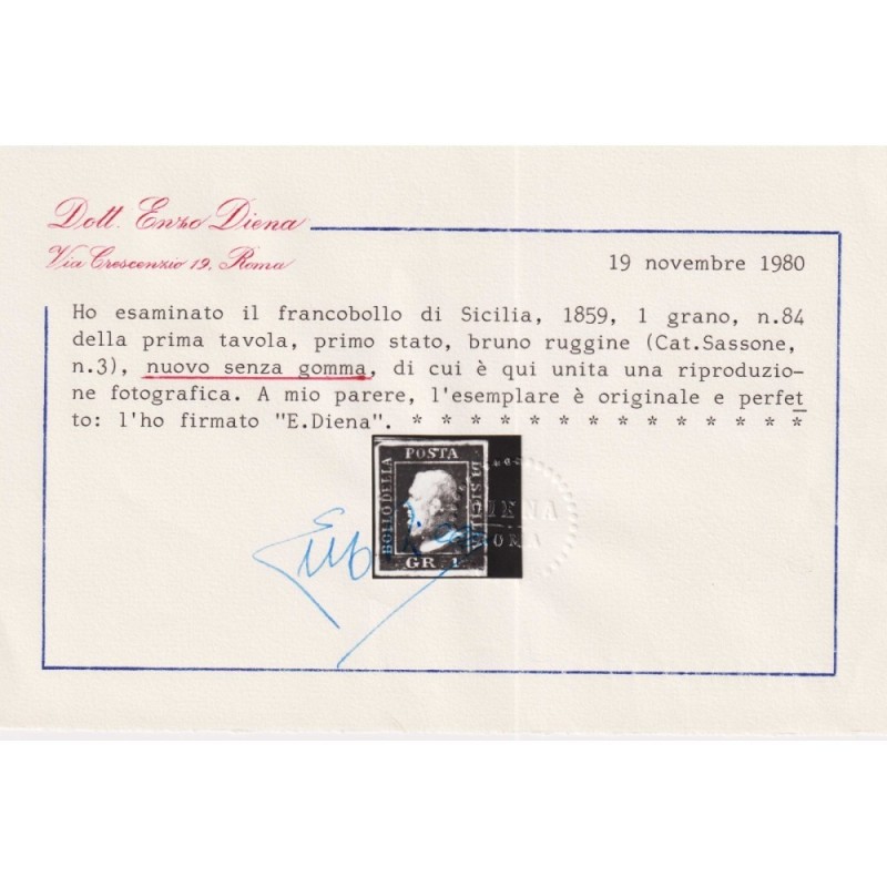 SICILIA 1859 1 GRANO BRUNO RUGGINE I TAV. N.3 SENZA GOMMA CERT.  | ...