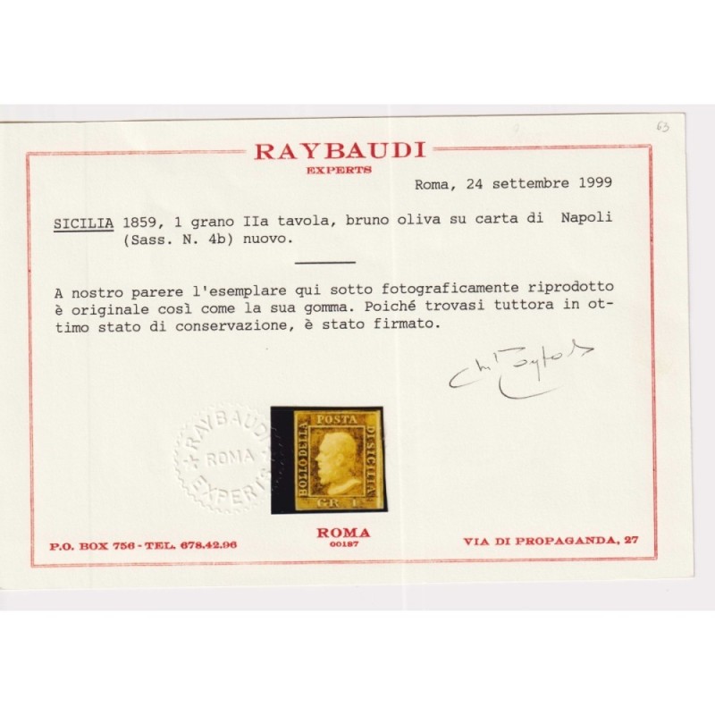 SICILIA 1859 1 GRANO BRUNO OLIVA II TAV. NAPOLI N.4b G.O MH* CERT. ...