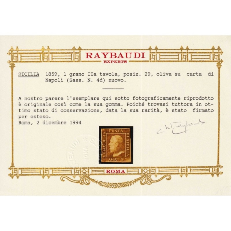 SICILIA 1859 1 GRANO OLIVA II TAV. NAPOLI N.4d G.O MH* CERT.  | Fil...