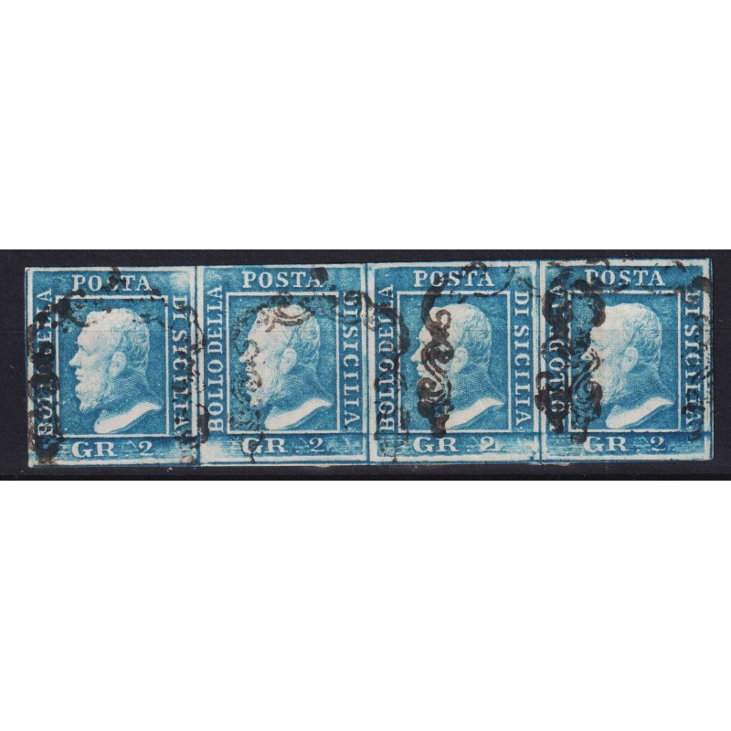 SICILIA 1859 STRISCIA 2 GRANA AZZURRO I TAV. PALERMO N.6 4 V. US. C...
