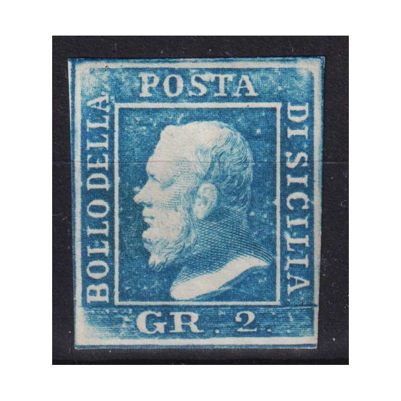 SICILIA 1859 2 GRANA AZZURRO II TAV. PALERMO N.7 G.O MH* CERT.  | F...