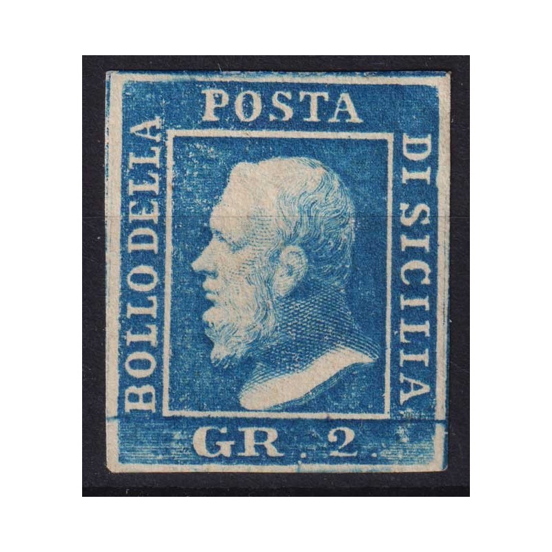 SICILIA 1859 2 GRANA AZZURRO II TAV. NAPOLI N.7a G.O MH* CERT.  | F...