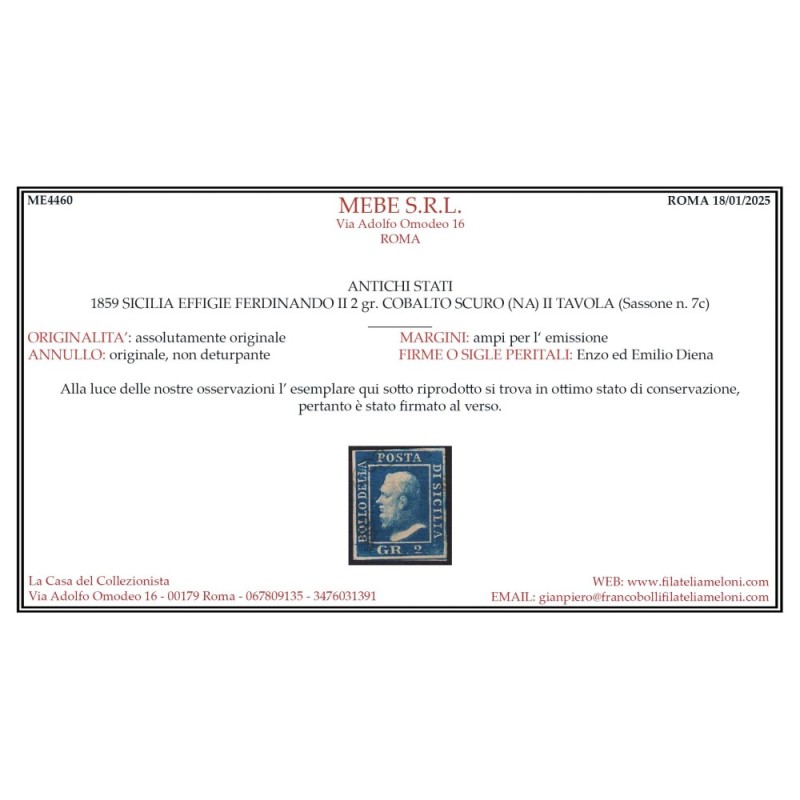 SICILIA 1859 2 GRANA COBALTO SCURO II TAV. NAPOLI N.7c US. CERT.  |...