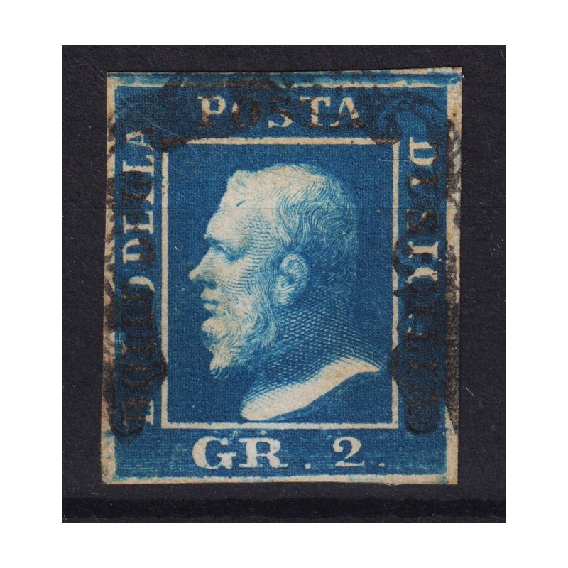 SICILIA 1859 2 GRANA COBALTO SCURO II TAV. NAPOLI N.7c US. CERT.  |...