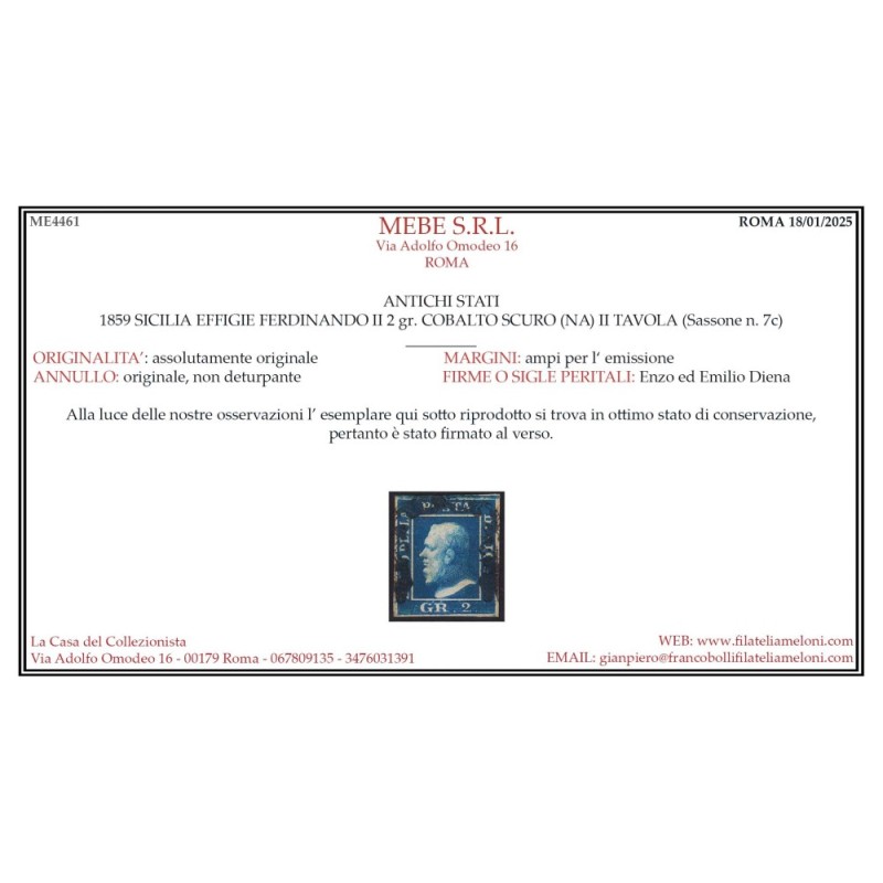 SICILIA 1859 2 GRANA COBALTO SCURO II TAV. NAPOLI N.7c US. CERT.  |...