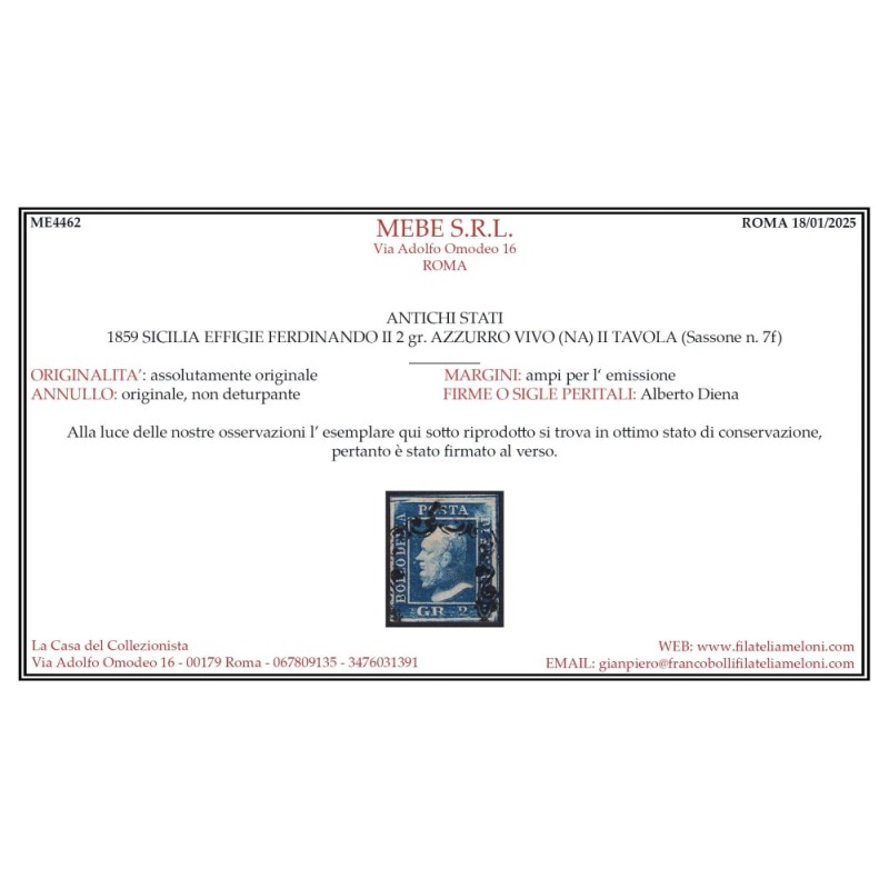 SICILIA 1859 2 GRANA AZZURRO VIVO II TAV. NAPOLI N.7f US. CERT.  | ...
